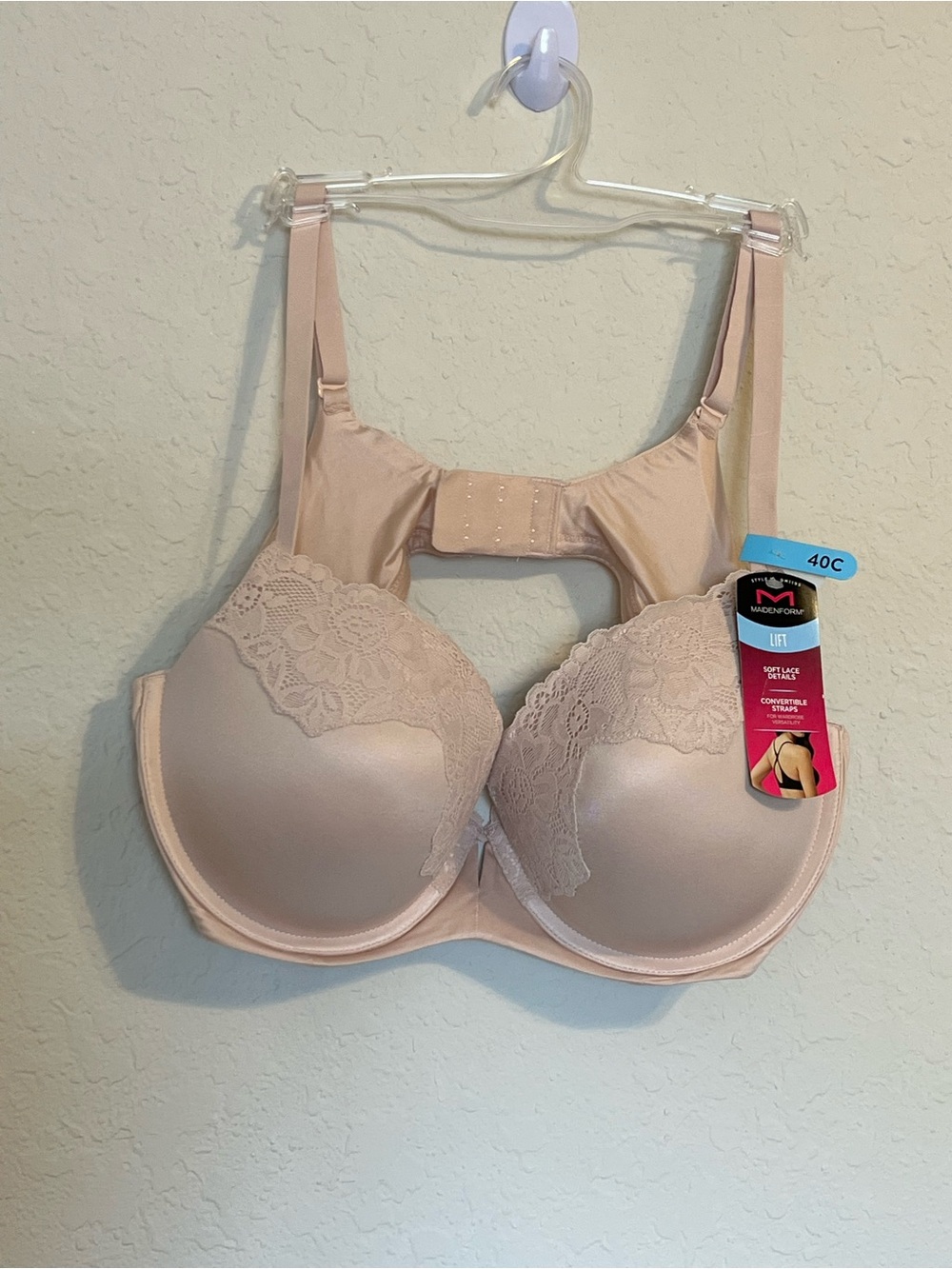 Maidenform Lift Bra 40C Nude Beige Lace Trim Convertible Straps Underwire DM1195